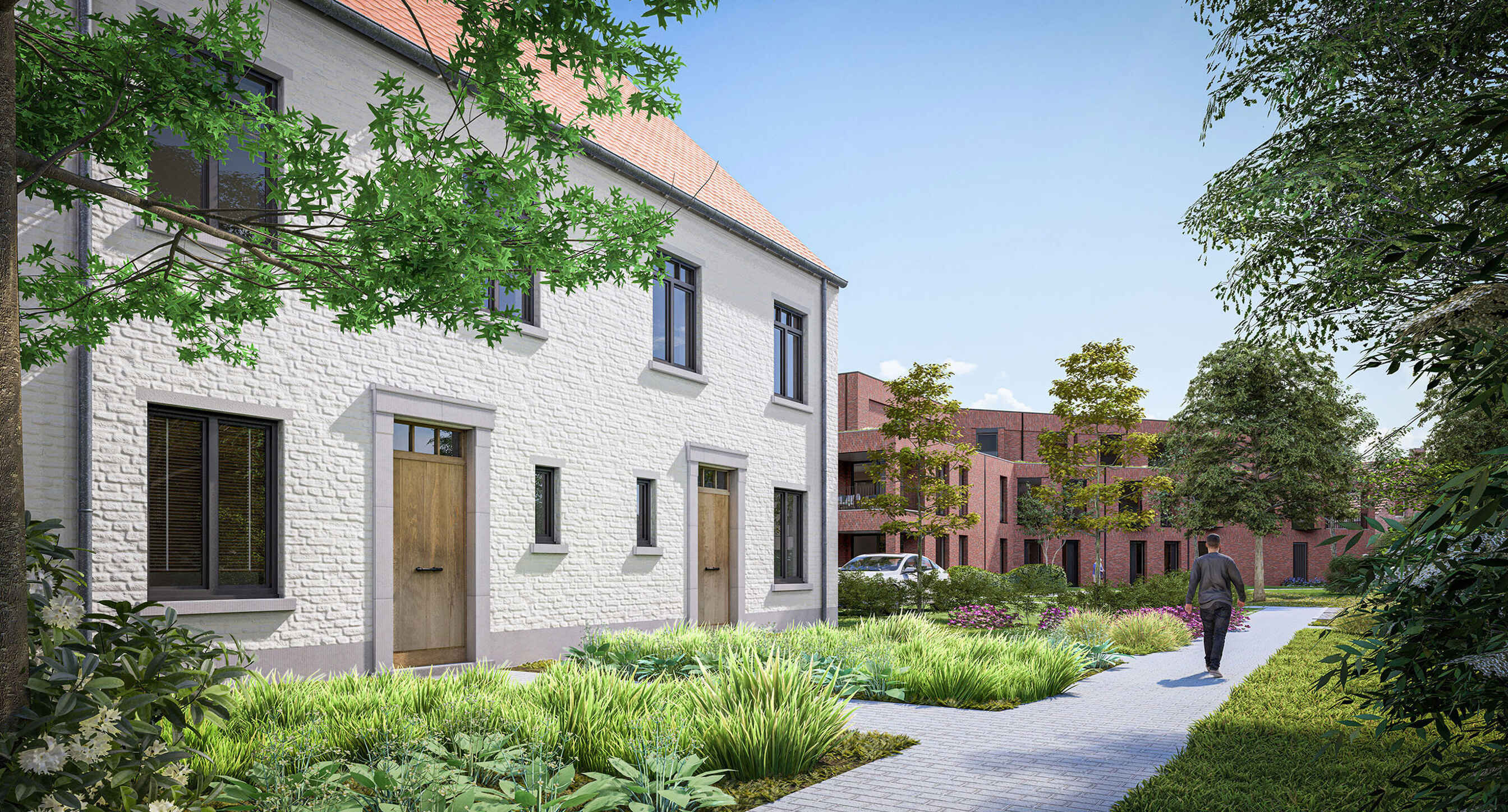Bakstenen nieuwbouw aan de rand van het project